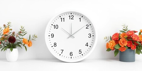 Sleek minimalist white clock on pure white backdrop,  style, modern