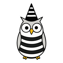 A cute cartoon owl, a brown bird with big eyes, perches on a tree branch in a funny Halloween night vector illustration