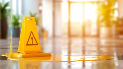 Caution Wet Floor: A bright yellow caution cone with an exclamation point stands as a stark warning on a wet floor in a modern building, highlighting the potential for slip and fall accidents.