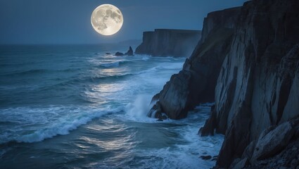 Ocean Waves Cliffs and Full Moon Night Scenery