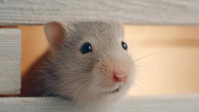 Curious Gerbil: A charming gerbil peeks out from a wooden structure, showcasing its adorable features and curious gaze.