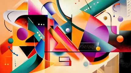 A colorful abstract painting with many shapes and colors