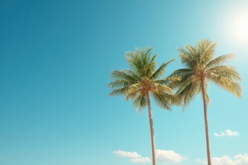 Palm trees sway under a clear blue sky during a sunny day at the beach