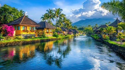 Fototapeta premium River reflecting tropical houses under a cloudy sky