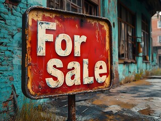 Fototapeta premium For Sale sign in front of a shuttered storefront symbolizing the end of a small business