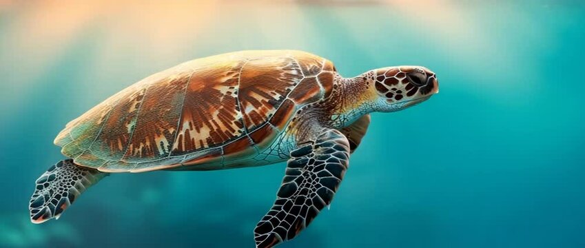 Underwater Explorer: A majestic sea turtle glides serenely through the crystal-clear waters, its shell a tapestry of textures as it navigates its aquatic domain, captured from a low angle.
