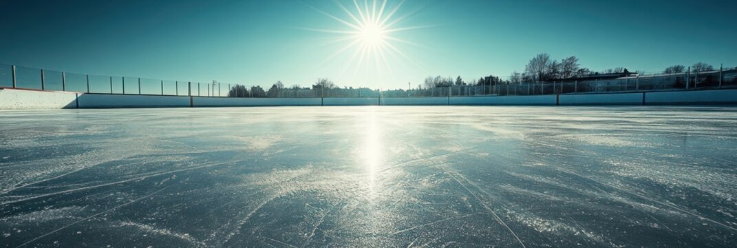 Sunlit ice rink sparkles beneath a clear winter sky showcasing ice quality - Powered by Adobe