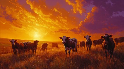 Cattle in a Field at Sunset