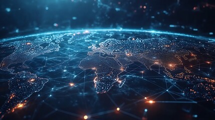 Obraz premium Digital World Map with Glowing Nodes, A digital world map with glowing red and blue nodes connected by lines