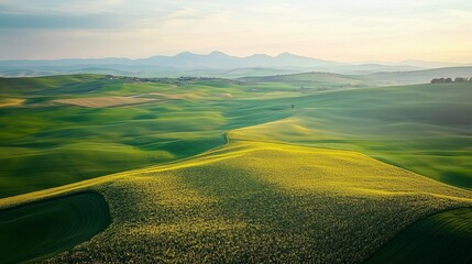 Naklejka premium Serene green hills under soft sunlight with distant mountains 