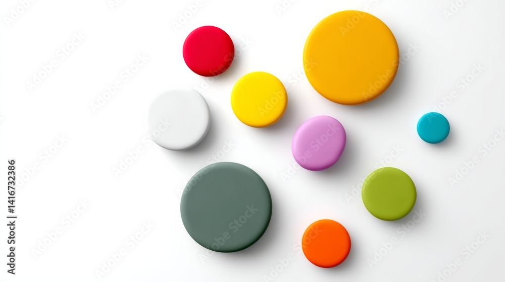Poster collection of colorful round objects are arranged in a pattern on a white background. the objects ar