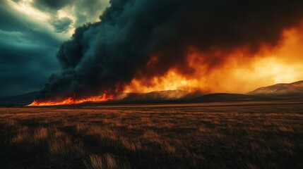 Wildfire Flames Engulfing Field Under Dramatic Sky  
