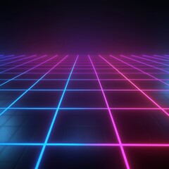 Fototapeta premium Retrowave floor. Neon pink and blue grid over a dark, tiled surface
