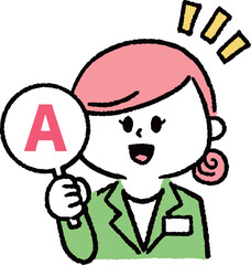 アンサーマークを持つスーツの女性