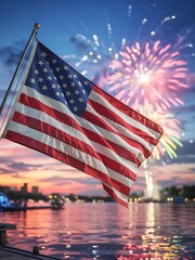 American flag waves proudly beside waterfront with glowing fireworks in evening sky, celebration of freedom and unity

