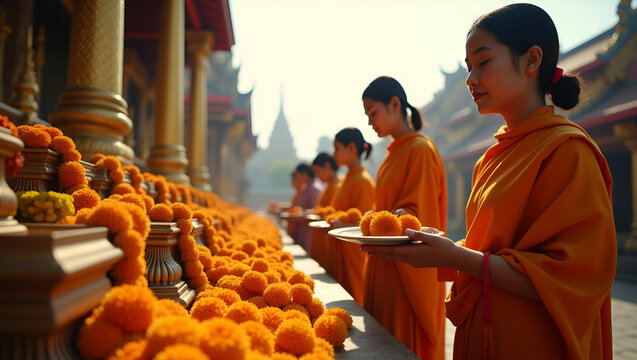 Capture heartfelt Vesak gratitude moments with devotees offering sincere thanks through ritual gifts and flower offerings at ornate temples under a serene sky.