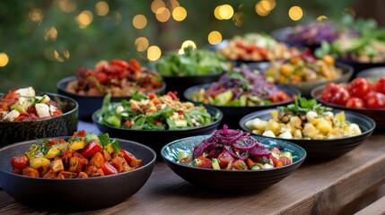 Ten Colorful Vegetarian Dishes Glowing with Magnesium-Rich Ingredients, Arranged on Rustic Table with Soft Bokeh Background