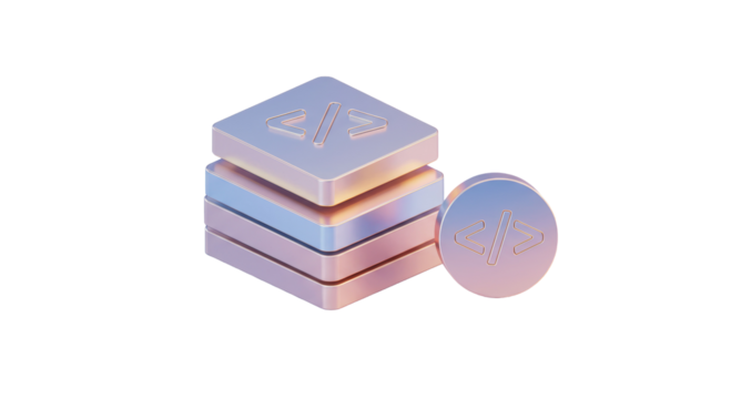 Isolated Stack of Metallic Layered Squares Representing Code and Development