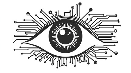 Obraz premium Cyber Eye: A stylized illustration of a human eye integrated with circuit board lines, symbolizing the intersection of technology and human perception.