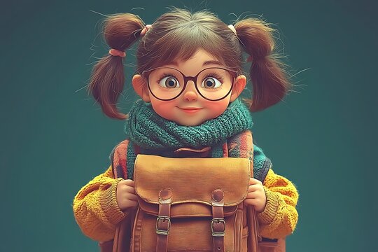 Smiling girl with pigtails, glasses, and a backpack. - Powered by Adobe
