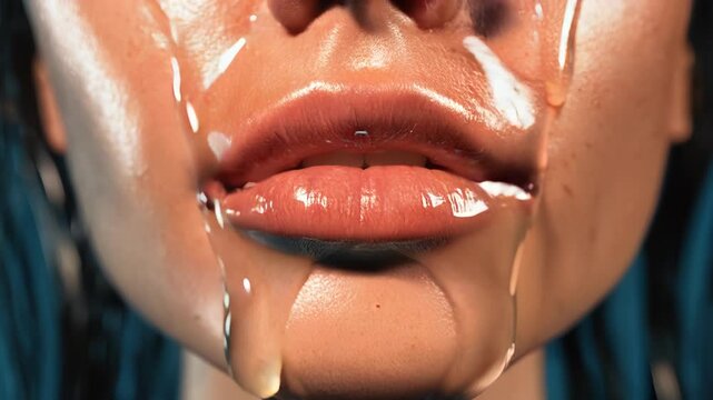 Cinematic Close-Up of Lips, Nose, and Chin Under Warm Shower &ndash; Realistic Water Texture