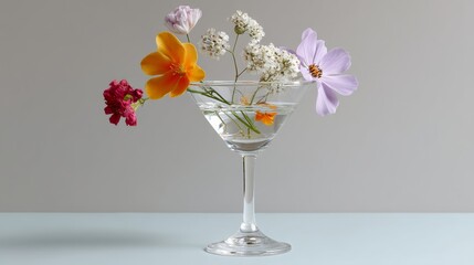 Obraz premium Glass vase filled with flowers and water. The flowers are of different colors and sizes, and the vase is tall and slender. Concept of elegance and sophistication