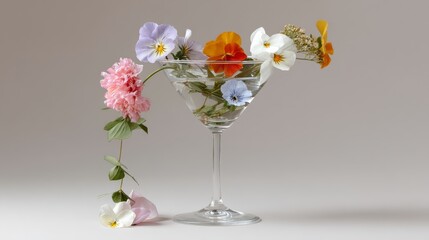 Glass vase filled with flowers and a stem. The flowers are pink, purple, and yellow