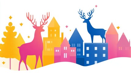 Pixelated winter cityscape with vibrant reindeer silhouettes and snow-covered ground suggesting a festive and playful holiday season atmosphere in a fantasy world