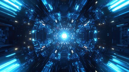 Fototapeta premium Abstract blue tunnel of light and geometric shapes. Hypnotic and futuristic