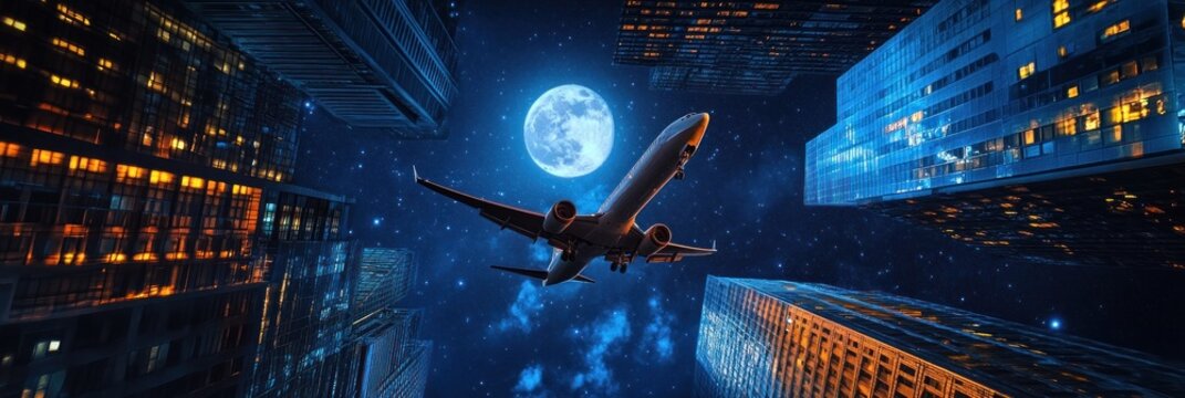 Night flight over metropolis with full moon and starry atmosphere