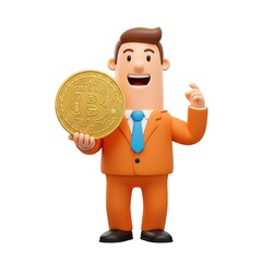 3D Cartoon Man Holding Bitcoin Coin