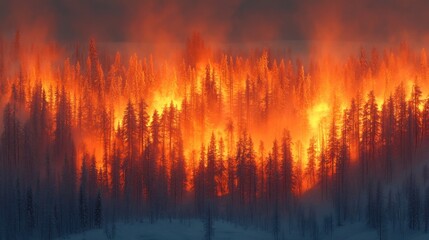 Dramatic scene of forest fire with flames consuming trees and smoke billowing into the sky creating a chaotic landscape