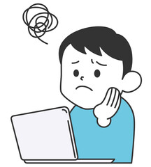 パソコン画面を見ながら困っている男性