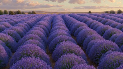 Obraz premium Expansive field of lavender flowers in full bloom under a bright sky highlighting the stunning purple tones