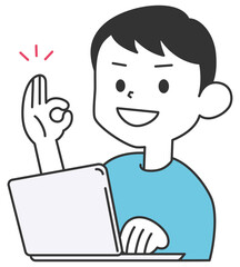 パソコンを操作しながらOKサインをする男性
