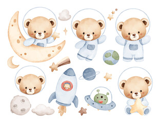 Watercolor Illustration Set of Cute Astronaut Bear and Space Elements
