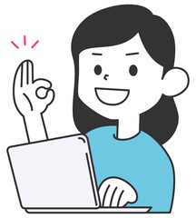 パソコンを操作しながらOKサインをする女性