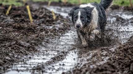Fototapeta premium Dog runs through mud. Black and white fur. Countryside. Wet, sloppy dirt. Rural scene