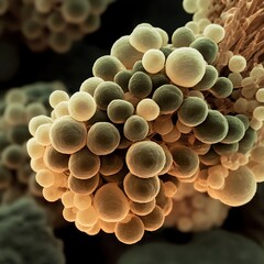 light microscope image of Staphylococcus aureus forming grape-like clusters, subtle lighting, realistic tones