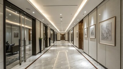 An elegant hallway showcasing shiny marble floors and clean white walls, enhancing the sense of openness