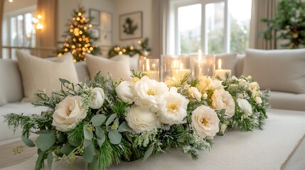 Elegant Christmas floral centerpiece on a light beige coffee table.