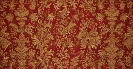 Intricate baroque damask pattern, deep crimson & gold, lavish detail, texture, gold, baroque