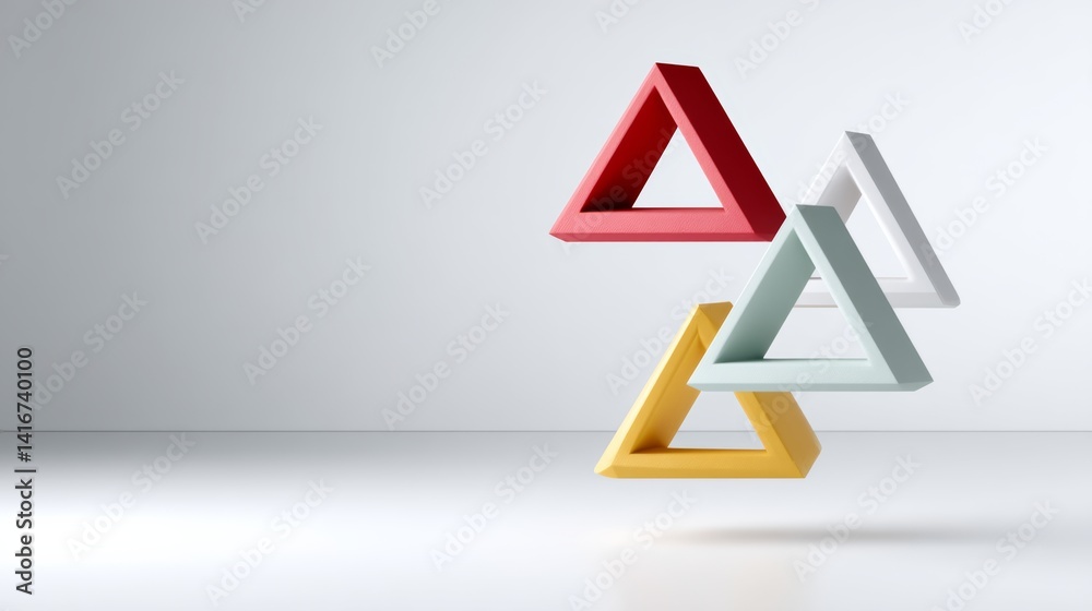 Poster series of triangles are floating in the air, with one of them being red. the triangles are arranged 