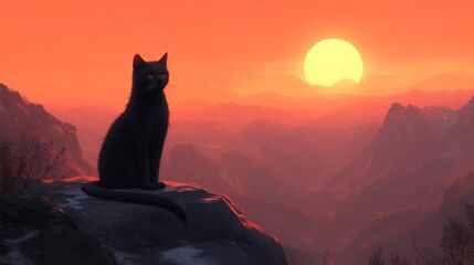 SereneSilhouetteBlackCatContemplatingMountainsSunsetMajesticHorizonEveningViewGoldenHourVibrantSkiesPeacefulAtmosphereAnimalCompanionNatureArtistryCliffsidePerchFelineObservation