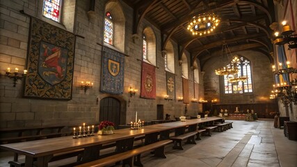 Fototapeta premium The Great Hall at St Cuthbert's College in Edinburgh, featuring elegant architecture and a warm, inviting atmosphere