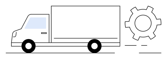 White delivery truck driving alongside a gear symbolizing transportation, logistics, automation, and system optimization. Ideal for supply chain, technology, industry, shipping, innovation