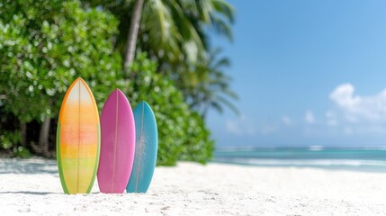 Colorful surfboards on tropical beach summer vacation adventure travel