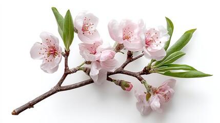 Naklejka premium Branch of a tree with pink flowers on it. The branch is thin and has a few leaves. The flowers are small and delicate