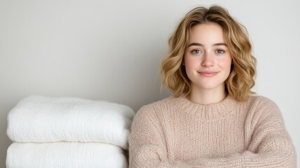 Naklejka premium Woman in cozy knitwear, beside folded blankets
