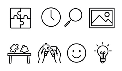 Black and white icons of puzzle pieces, clock, magnifying glass, picture, hands, smile, light bulb.